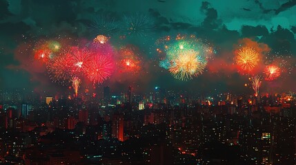 Obraz premium Cityscape fireworks display night celebration