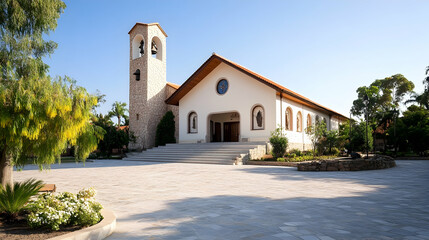 Fototapeta premium Mediterranean church courtyard, sunny day, landscaping, peaceful