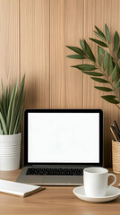 Modern workspace laptop, plants, coffee, wooden background. Ideal for blog, website, or marketing