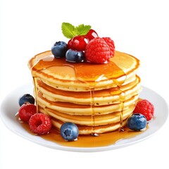 A stack of fluffy pancakes with maple syrup and berries, isolated white background, surreal art style