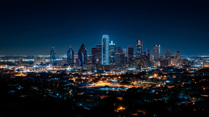 Night skyline view of Dallas city, Texas, USA. Urban landscape at night for travel brochures