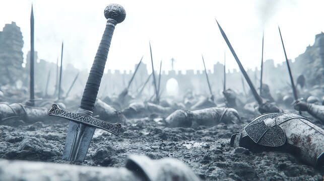 A battle-scarred landscape featuring a sword embedded in the ground, surrounded by fallen armor and spears, set against a misty backdrop, evoking themes of conflict and history.