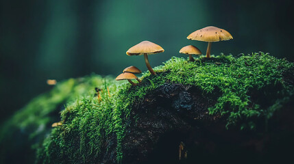 Fototapeta premium A serene forest scene featuring vibrant mushrooms growing on a moss-covered log, surrounded by greenery