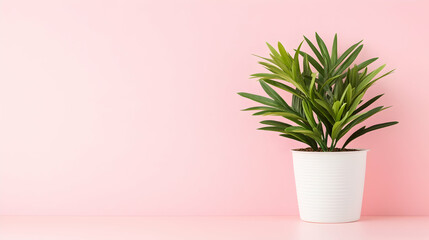 Pink background, potted plant, minimalist home decor, copy space, website banner