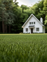 Charming white house nestled in lush green grass