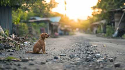 Puppy sits on a dirt road, sunset; impoverished neighborhood background; hope, resilience concept