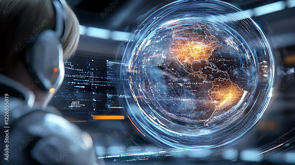 Poster exploring futuristic technology data visualization space station digital art sci-fi environment clos