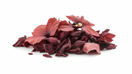 Red hibiscus flowers and petals on white background; perfect for beauty, spa, or tea product design
