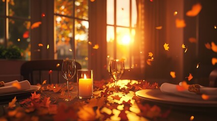 Obraz premium Autumnal sunset dinner table setting, leaves falling