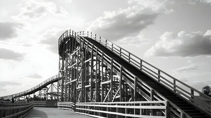 Fototapeta premium Rollercoaster ascending, cloudy sky, amusement park, thrill ride