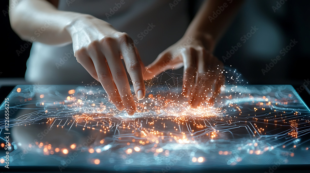 Poster innovative technology interaction digital workspace visual effects futuristic environment close-up v