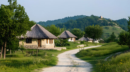Fototapeta premium Rural village homes, winding road, hilltop ruins, summer day; travel, tourism