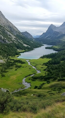 Fototapeta premium Serene mountain lake, valley vista, green meadows, cloudy sky; ideal for travel brochures