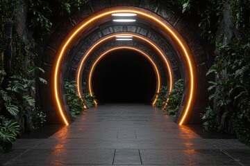 Obraz premium Futuristic tunnel with neon lights and lush greenery