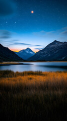 Serene twilight lake, mountains, starry sky; nature landscape for travel brochures