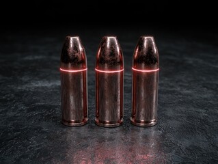Three copper bullets with red glowing lines on a dark background