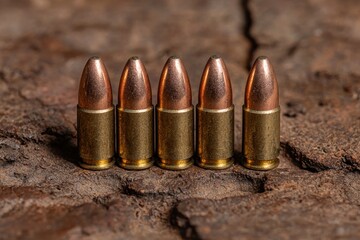 Five bullets on a rustic wooden surface