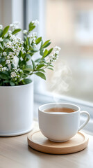 Steaming teacup beside flowering plant on windowsill, natural light, calm atmosphere, ideal for relaxation imagery