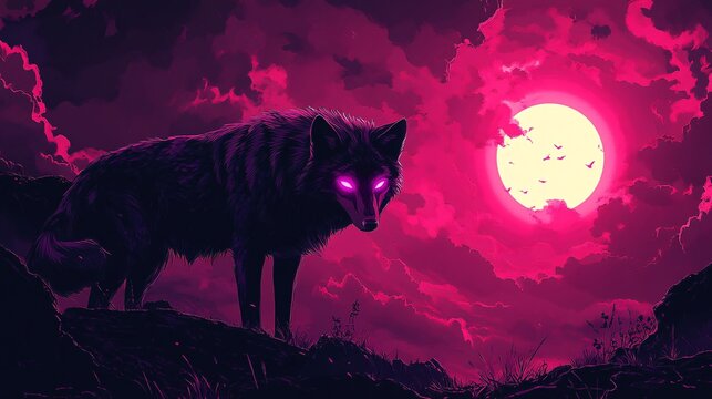 A vector illustration of a glowing shadow wolf with radiant purple eyes, prowling under an eclipse.