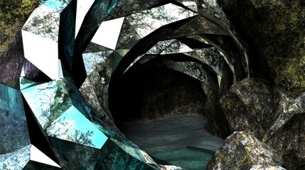 Crystal Cave Polygonal Tunnel, Dark Water, Reflective Surfaces, Nature Scene, 3D Render, Abstract Art Digital art, 3D rendering