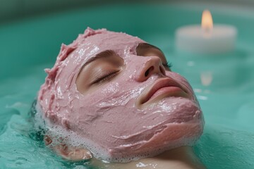 Fototapeta premium Woman relaxing in a spa with a pink face mask