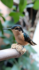 Naklejka premium Tiny hummingbird perched on feeder, tropical garden background, nature photography, wildlife