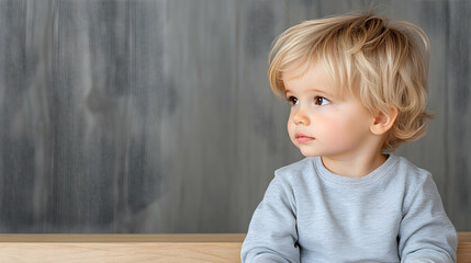 Toddler boy, pensive gaze, wooden surface, grey background, child portrait for advertisement