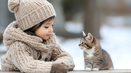 Toddler girl in winter clothes meets kitten outdoors; snowy background; heartwarming winter scene for greeting cards