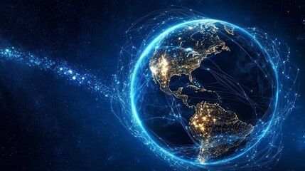 Obraz premium Global Network Earth at Night, Network Connections, Digital World, Space, glowing lines Global Connectivity, Digital Landscape