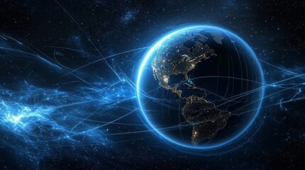 Fototapeta premium Global Network Illuminated Earth with Energetic Lines, Digital Art, Space, Technology Global Connectivity, Network Visualization