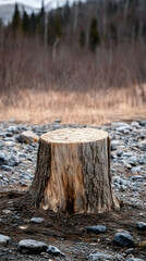 Fototapeta premium Tree stump in rocky field, winter forest background; nature display