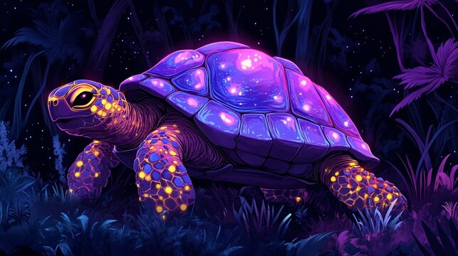 A vector illustration of a magical crystal turtle with glowing shell patterns, walking in a neon forest.
