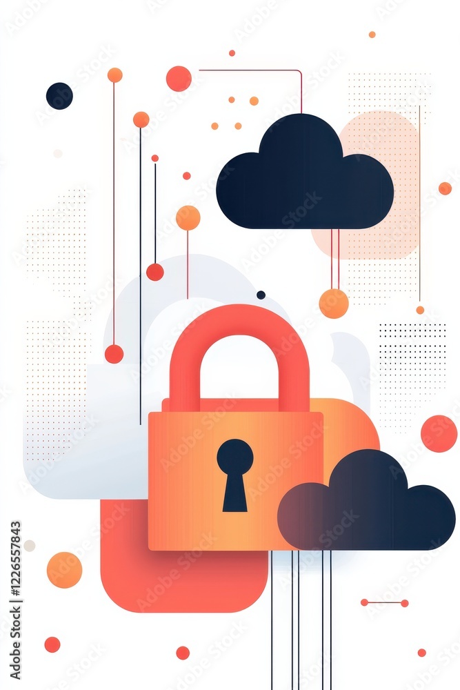 Poster digital security concept with lock and cloud elements