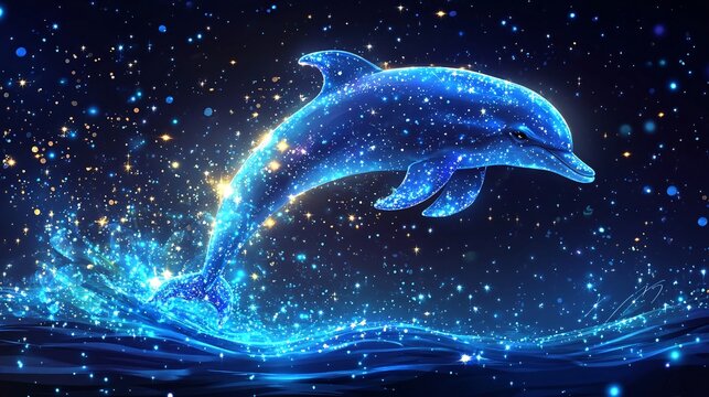 A vector illustration of a glowing fairy dolphin with sparkling fins, leaping through a starry sea.