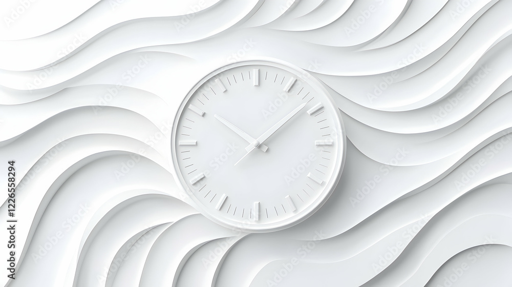 Poster white clock on wavy white background; time management concept; website or print design