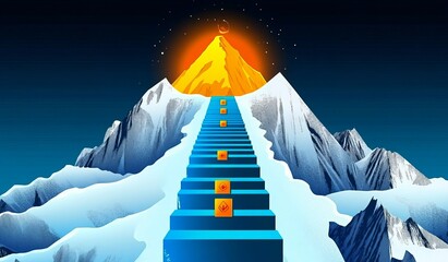 Stairway to Success Digital Mountain Landscape, Blue and Yellow, Achievement Concept, Digital Art Digital painting, Mountain Illustration