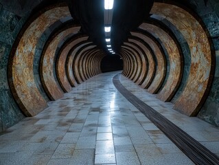 Abstract tunnel architecture with curved walls and tiled floor