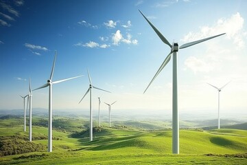 Wind Turbines in Green Hills Wide Shot Composition, Bright Sunny Day, Clean Energy Concept, Renewable Energy, Wind Power Renewable Energy, Sustainable Energy