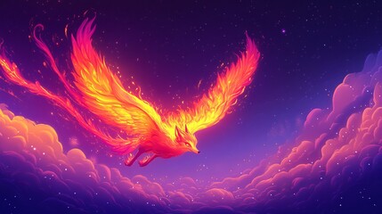 A vector illustration of a magical phoenix fox with glowing fiery tails, soaring through a twilight sky.