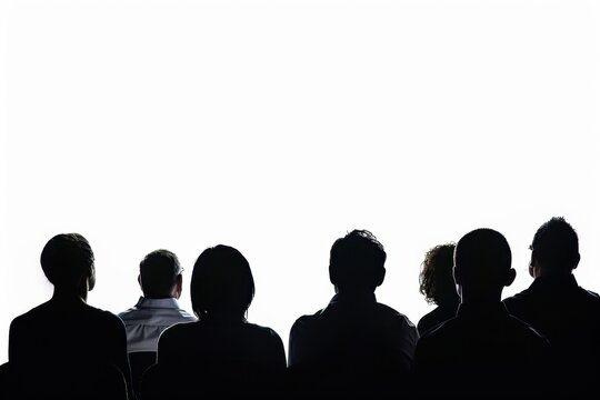 Silhouettes of a captivated audience watching a screen, engrossed in a movie, show, or presentation. The image conveys a sense of shared experience and anticipation.