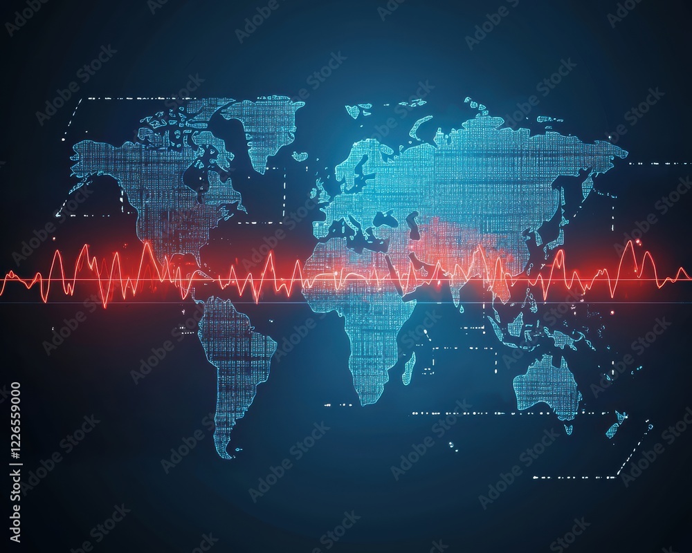 Poster digital world map with signal waveform background