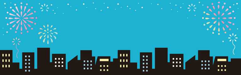 バナー　フレーム　花火　街並み　都会　ビル　夜　シルエット　背景　デザイン　イラスト素材