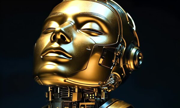 Golden robot head, serene pose, dark background, AI concept