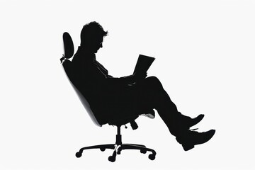 Silhouette of a Person Sitting and Reading in an Office Chair. A Black and White Minimalist Image Representing Relaxation and Work.