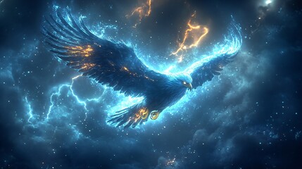 Fototapeta premium A vector illustration of a glowing storm eagle with shimmering wings, flying in an enchanted lightning storm.