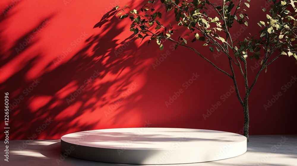 Poster minimalist scene with red wall white platform and tree casting shadows for product display