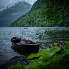 Serene Lake Rowboat  Nature  Peace  Solitude  Calm Waters  Mountains  Forest  Tranquility