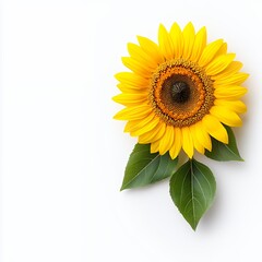 Obraz premium Vibrant Sunflower with Lush Green Leaves on White Background, Evocative of Summer Cheer and Natural Beauty
