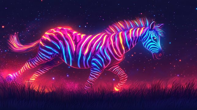 A vector illustration of a whimsical neon zebra with glowing stripes, galloping through a dreamlike savanna.