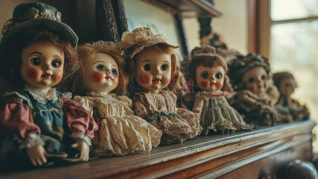 A charming collection of vintage dolls displayed on a wooden shelf.
